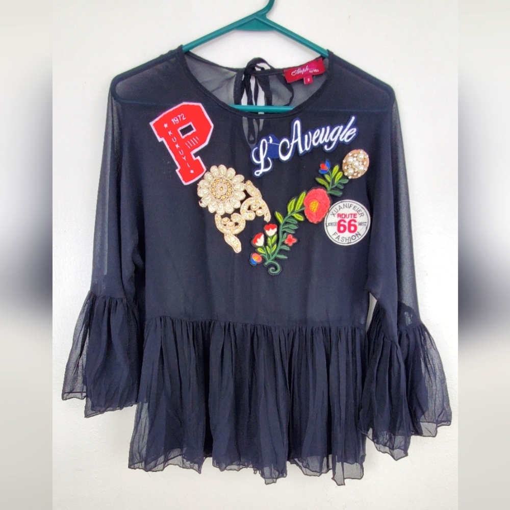 Aleph by Meg Black Embellished Blouse Sheer Ruffle Statement Beading Size 2